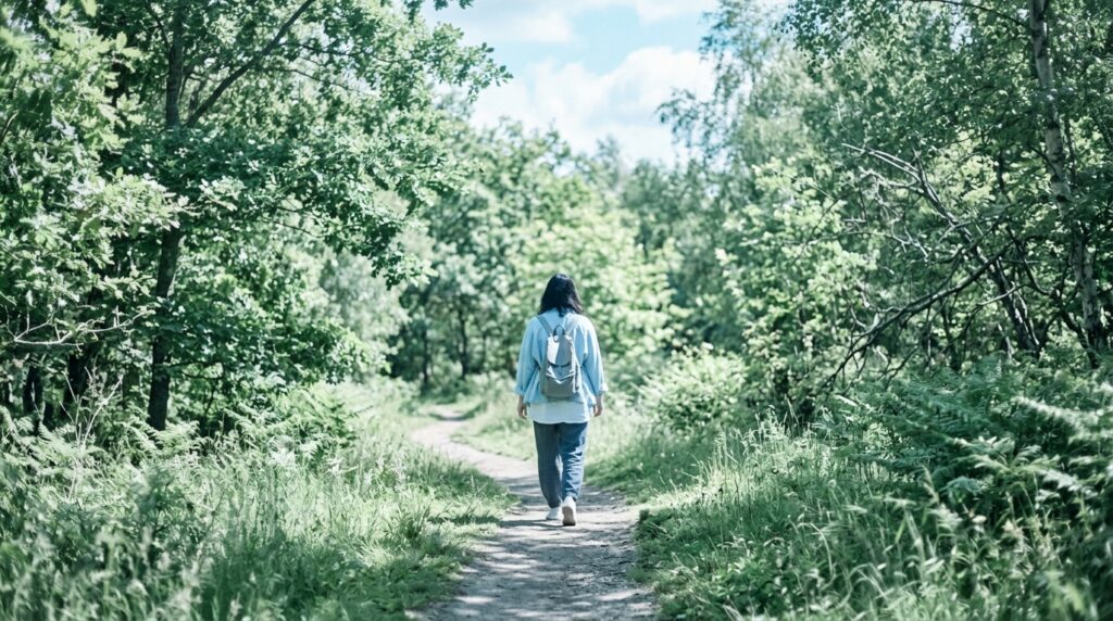 Bewegung nach der Darm-OP: Person spaziert durch Sommergarten