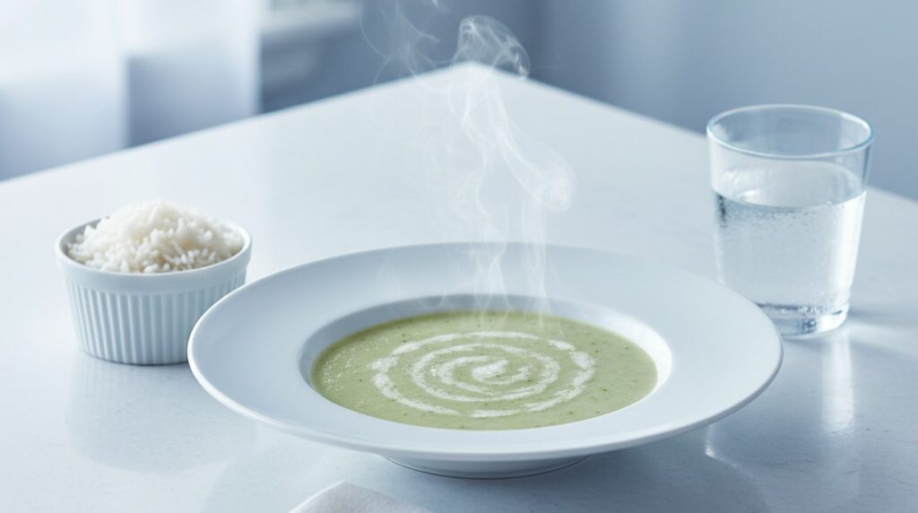 Schonkost nach der Darm-OP: pürierte Gemüsesuppe mit Reis und Zwieback