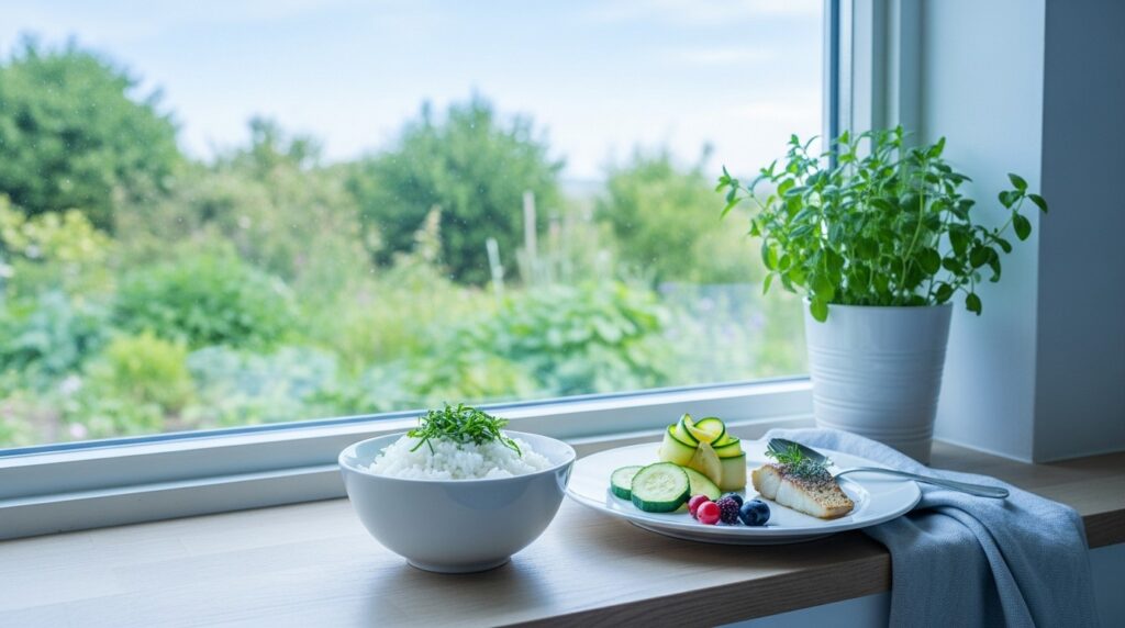 Darmfreundliche Mahlzeit am hellen Küchenfenster: Reis mit Kräutern, gedämpftes Gemüse, frischer Fisch mit Gartenblick