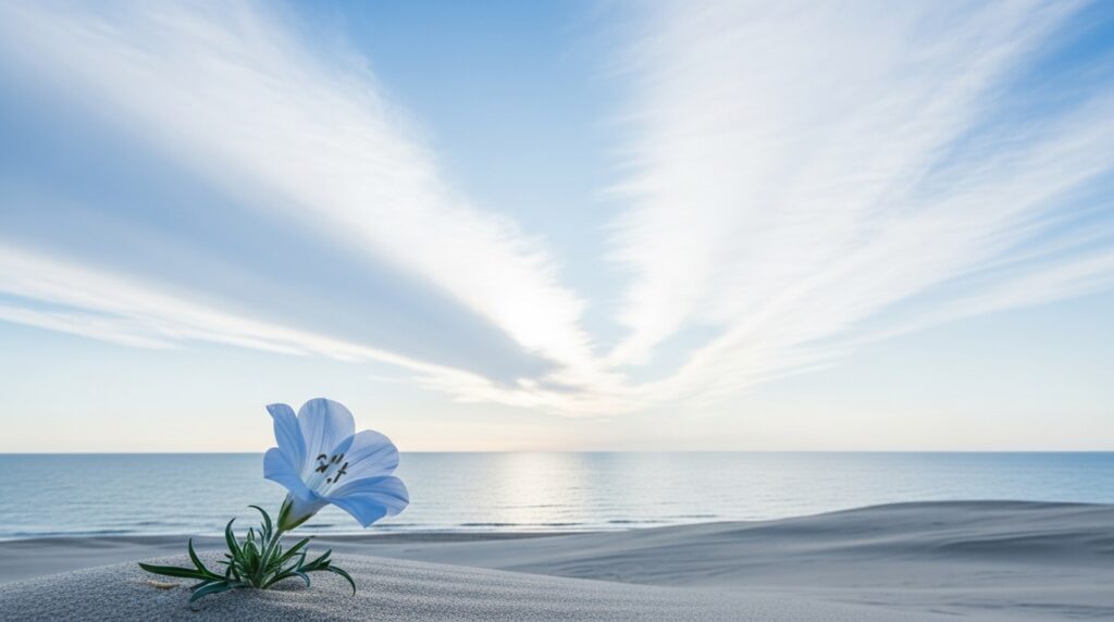 Weite blass-blaue Sommerlandschaft mit aufbrechenden Wolken und einer zarten Wildblume – Hoffnung und Orientierung finden