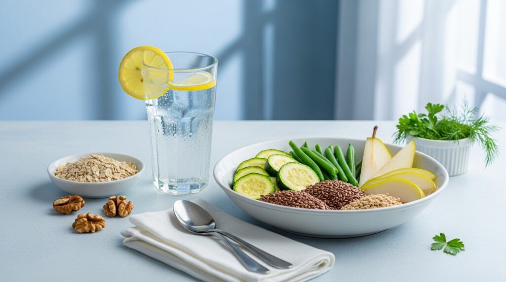 Ballaststoffreiche darmfreundliche Mahlzeit mit Wasser und Gemüse — Verstopfung nach Darm-OP