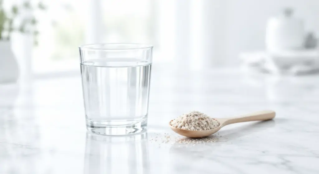 Glas Wasser und ein Holzlöffel mit Flohsamenschalen auf einer weißen Marmorfläche