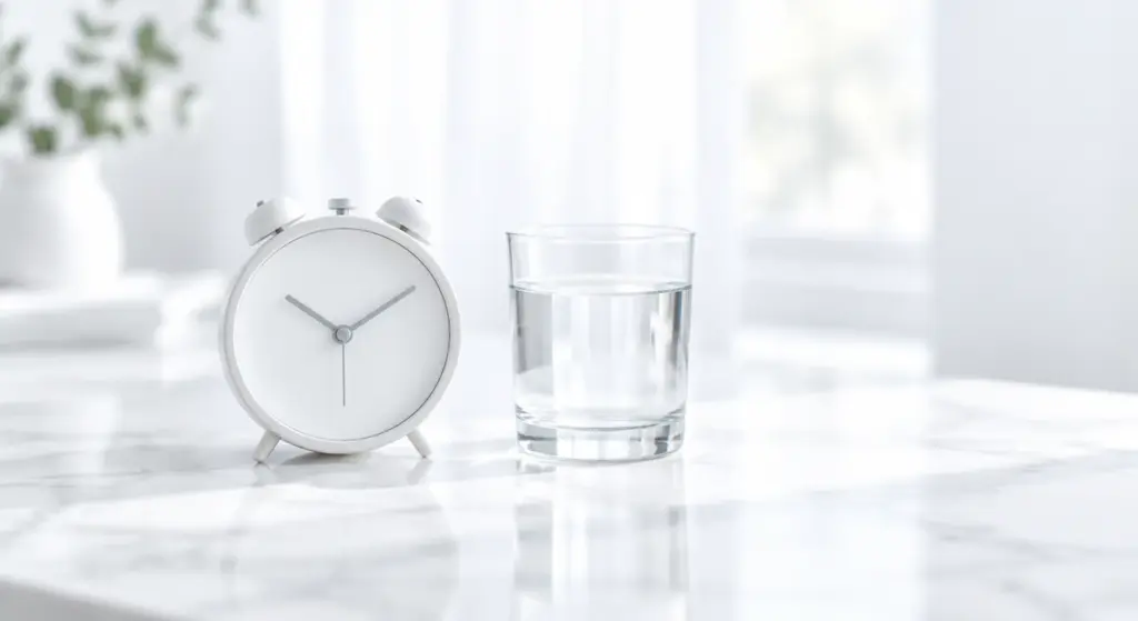 Weiße Wanduhr und ein Glas Wasser auf einer weißen Marmorfläche