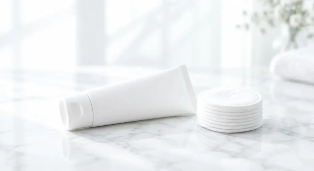 Tube mit Hautschutzcreme und weiche Baumwollpads auf weißem Marmor